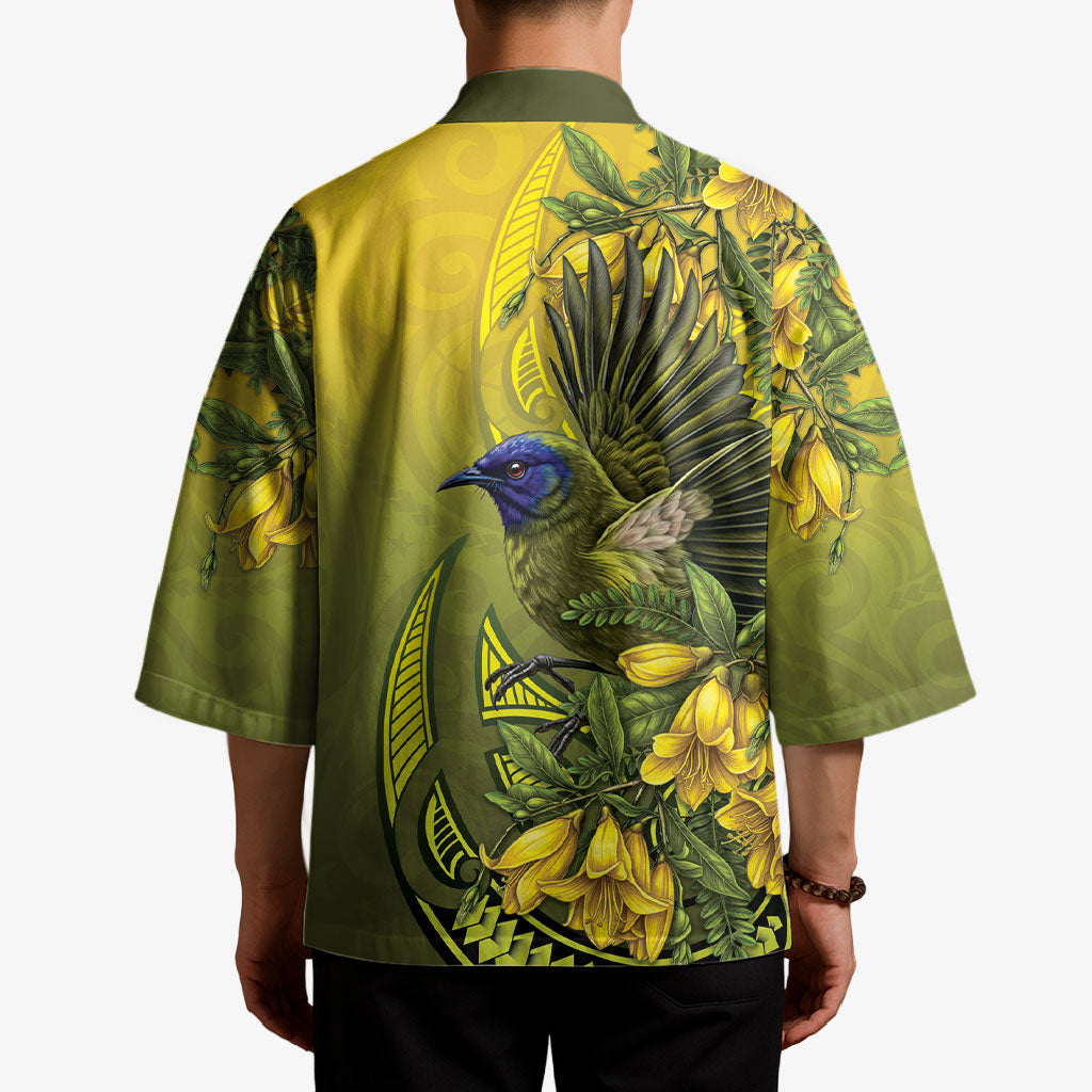 New Zealand Bellbird Kimono With Kowhai Flowers LT05 - Polynesian Pride