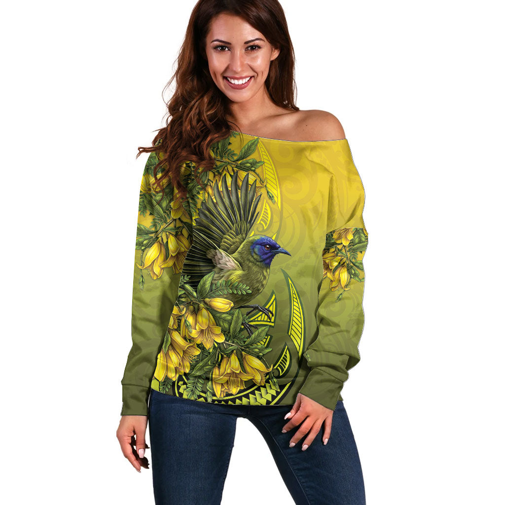 New Zealand Bellbird Off Shoulder Sweater With Kowhai Flowers LT05 Women Yellow - Polynesian Pride