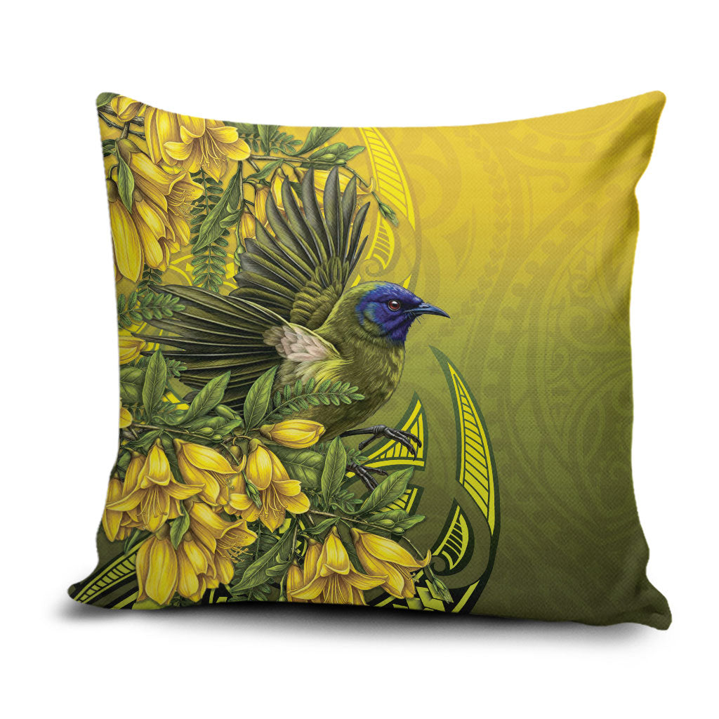 New Zealand Bellbird Pillow Cover With Kowhai Flowers