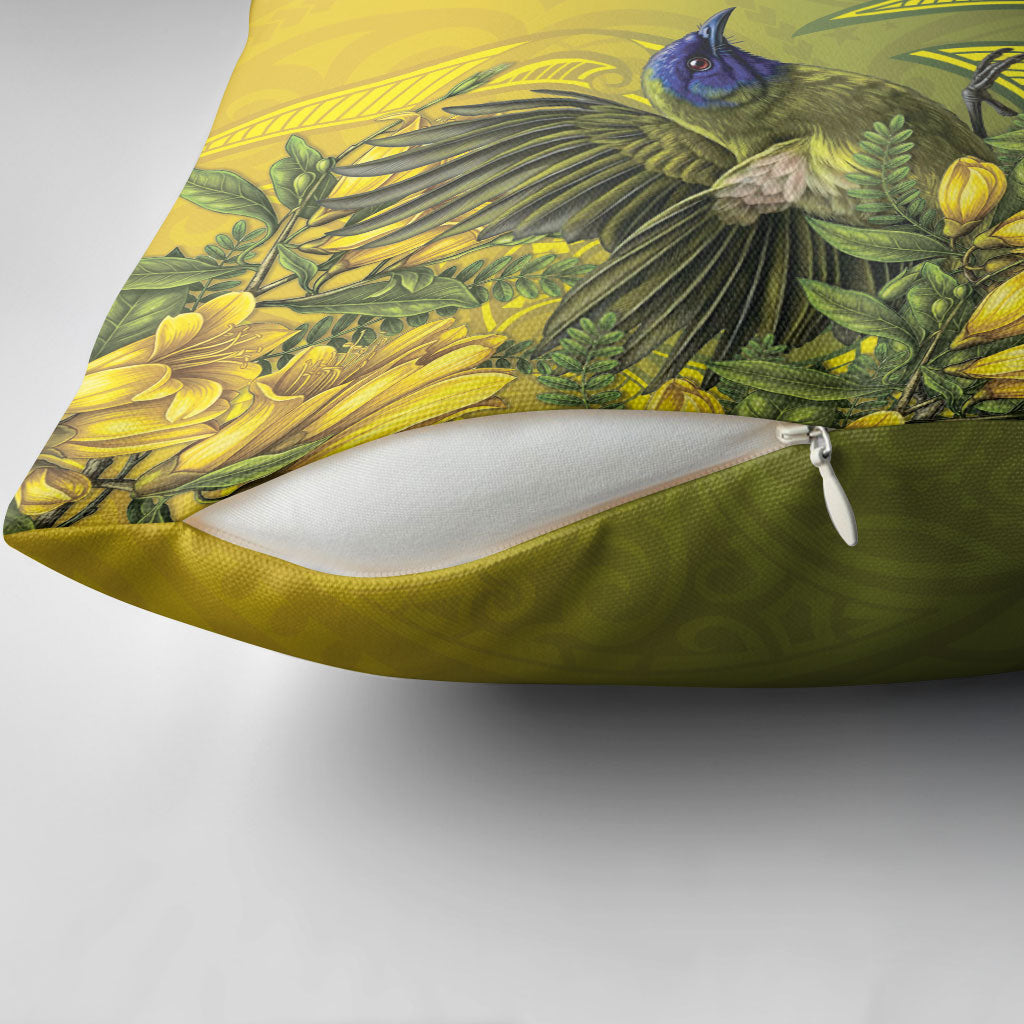 New Zealand Bellbird Pillow Cover With Kowhai Flowers