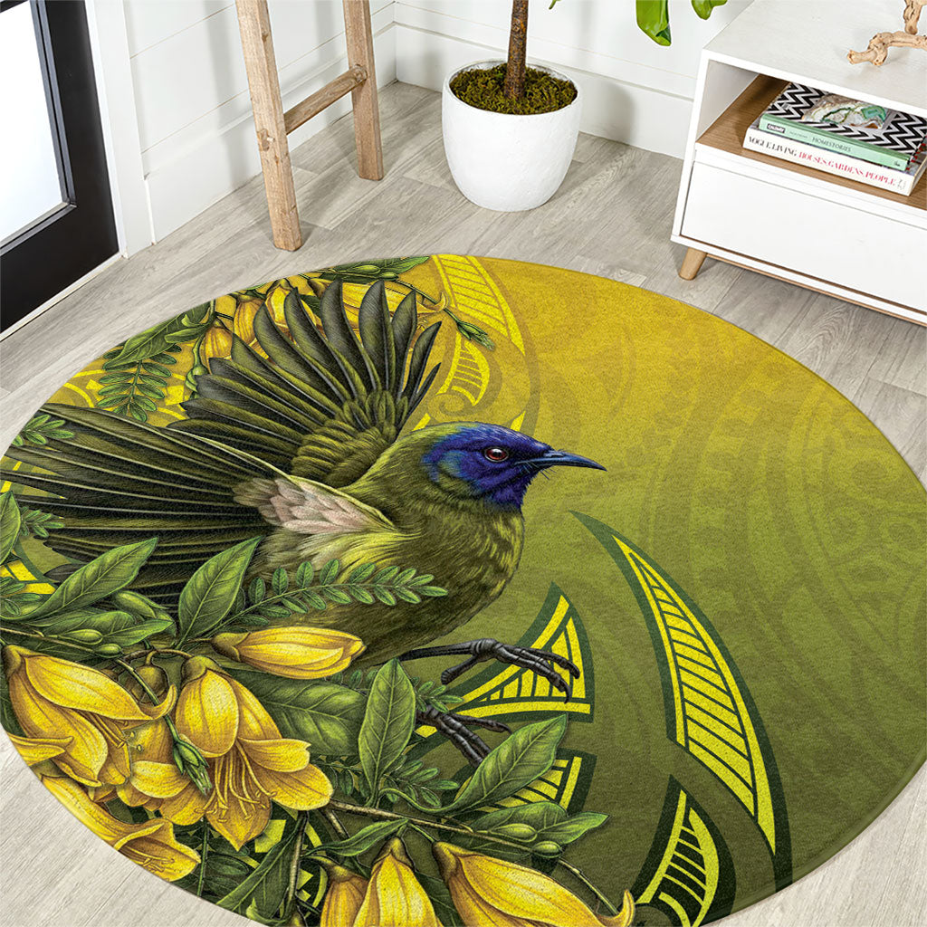 New Zealand Bellbird Round Carpet With Kowhai Flowers LT05 Yellow - Polynesian Pride