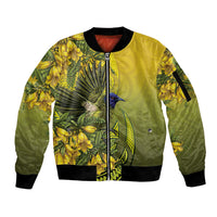 New Zealand Bellbird Sleeve Zip Bomber Jacket With Kowhai Flowers LT05 Unisex Yellow - Polynesian Pride
