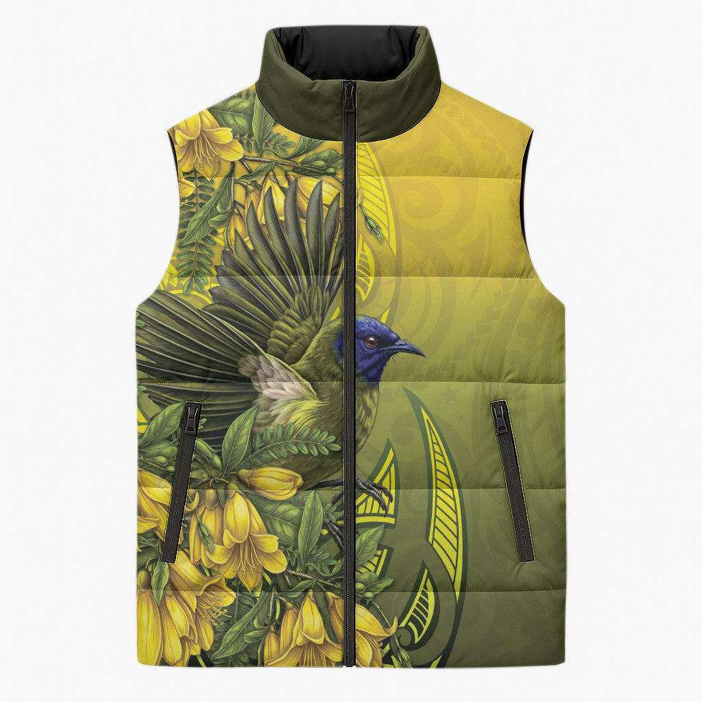 New Zealand Bellbird Sleeveless Puffer Jacket With Kowhai Flowers LT05 Unisex Yellow - Polynesian Pride