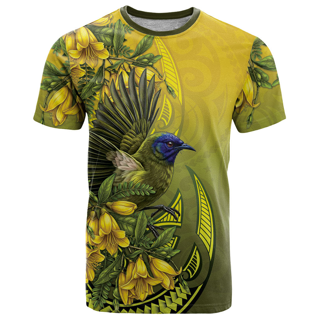New Zealand Bellbird T Shirt With Kowhai Flowers