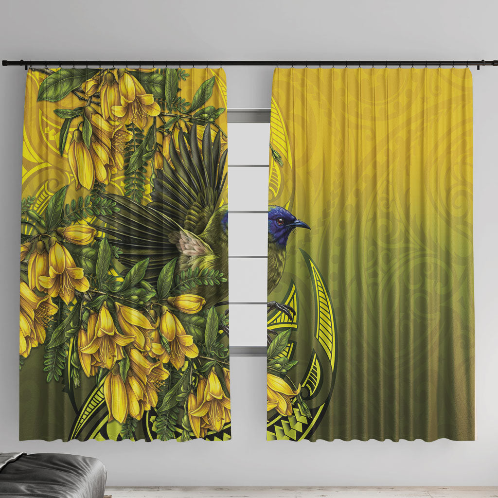 New Zealand Bellbird Window Curtain With Kowhai Flowers LT05 With Hooks Yellow - Polynesian Pride