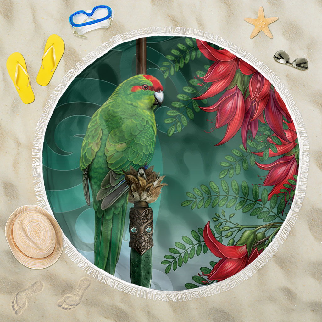 New Zealand Parakeet Bird Beach Blanket With Kakabeak Flowers LT05 One Size 150cm Teal - Polynesian Pride