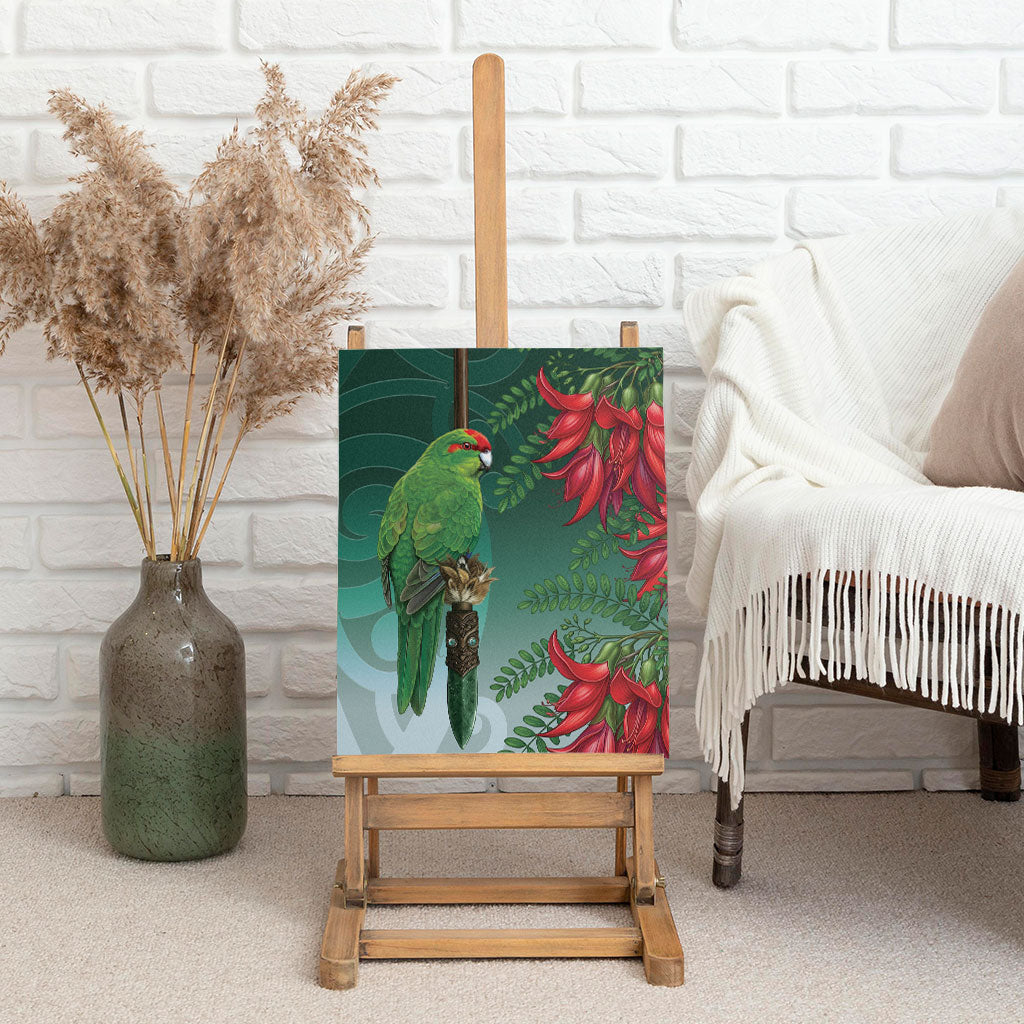 New Zealand Parakeet Bird Canvas Wall Art With Kakabeak Flowers LT05 - Polynesian Pride