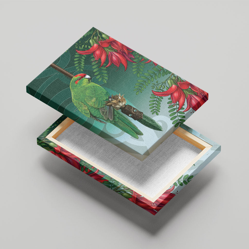 New Zealand Parakeet Bird Canvas Wall Art With Kakabeak Flowers LT05 - Polynesian Pride