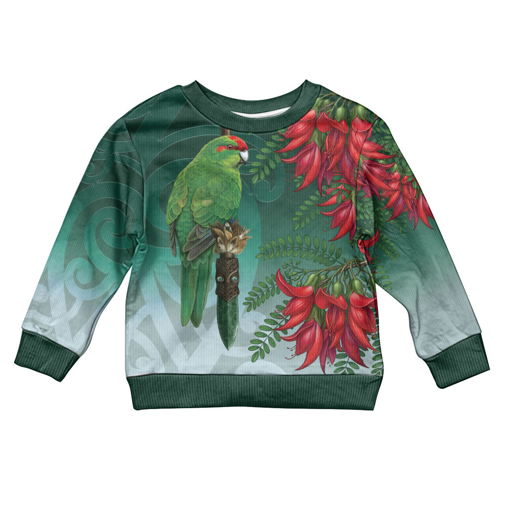 New Zealand Parakeet Bird Kid Ugly Christmas Sweater With Kakabeak Flowers LT05 Kid Teal - Polynesian Pride