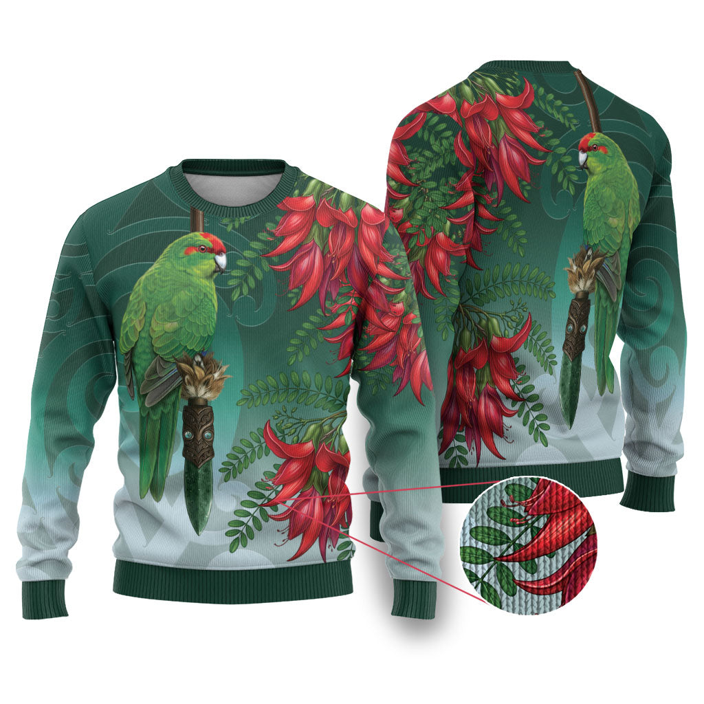New Zealand Parakeet Bird Ugly Christmas Sweater With Kakabeak Flowers LT05 Teal - Polynesian Pride