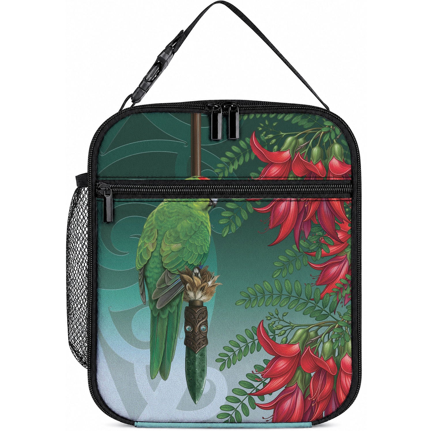 New Zealand Parakeet Bird Lunch Bag With Kakabeak Flowers LT05 10.2 × 8.3 × 4.3 inch Teal - Polynesian Pride