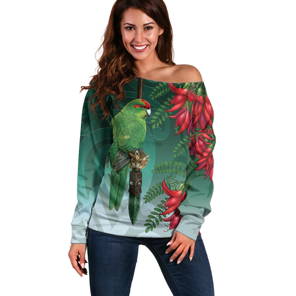 New Zealand Parakeet Bird Off Shoulder Sweater With Kakabeak Flowers LT05 Women Teal - Polynesian Pride