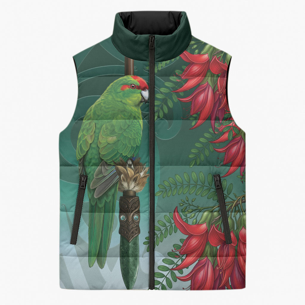 New Zealand Parakeet Bird Sleeveless Puffer Jacket With Kakabeak Flowers LT05 Unisex Teal - Polynesian Pride