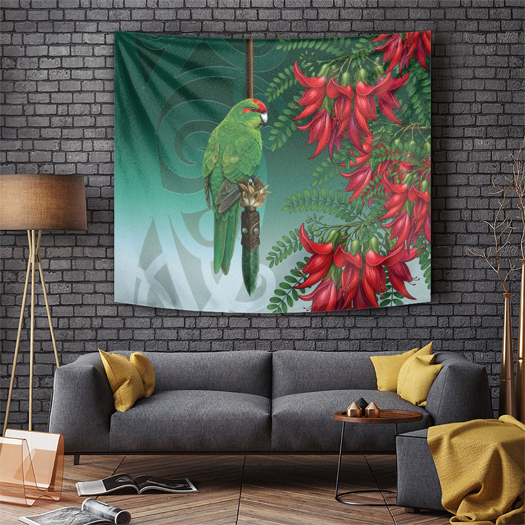 New Zealand Parakeet Bird Tapestry With Kakabeak Flowers LT05 Teal - Polynesian Pride