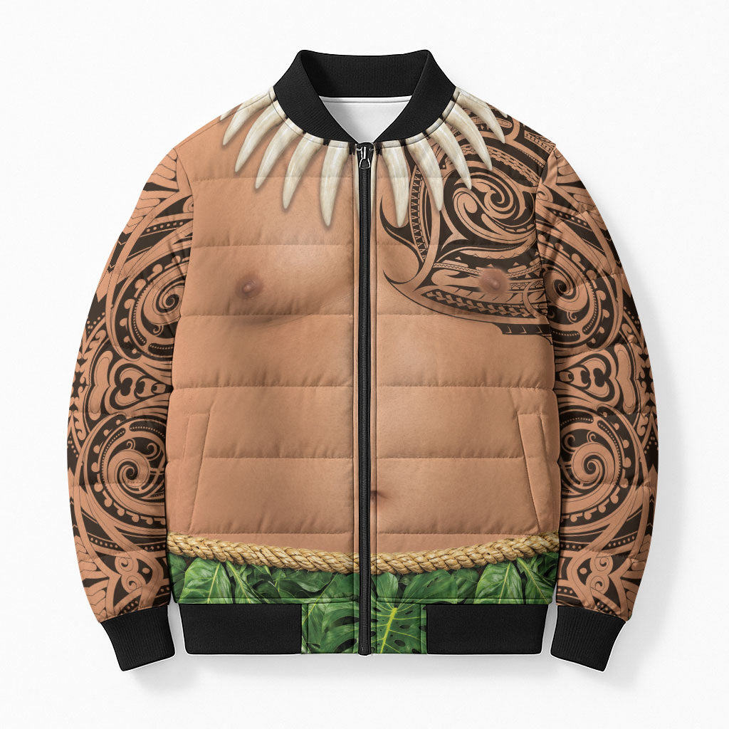 Hawaii Tribal Tattoo Costume Bomber Puffer Jacket Shark Tooth Necklace Leaf Skirt LT05 Unisex Beige - Polynesian Pride