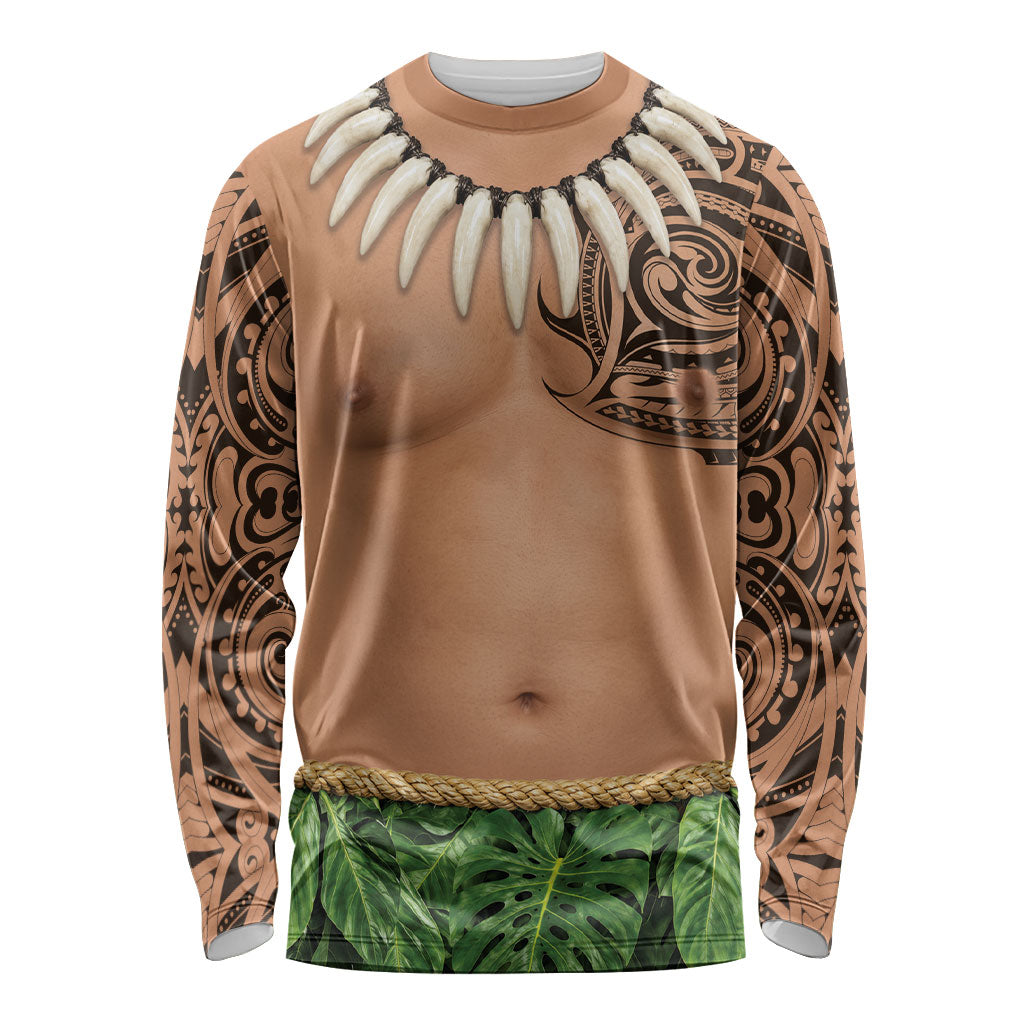 Hawaii Tribal Tattoo Costume Long Sleeve Shirt Shark Tooth Necklace Leaf Skirt LT05 Unisex Beige - Polynesian Pride