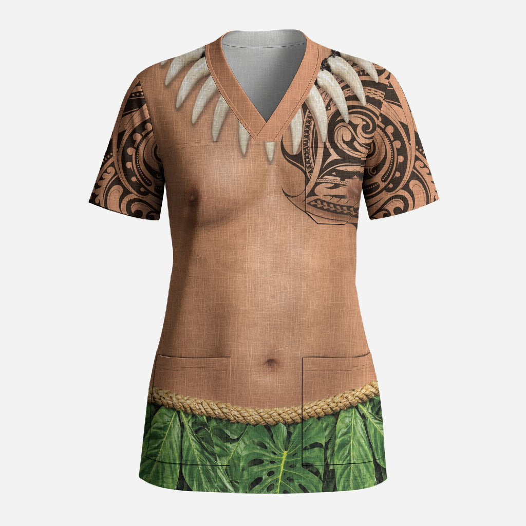 Hawaii Tribal Tattoo Costume Scrub Top Shark Tooth Necklace Leaf Skirt LT05 Adult Beige - Polynesian Pride