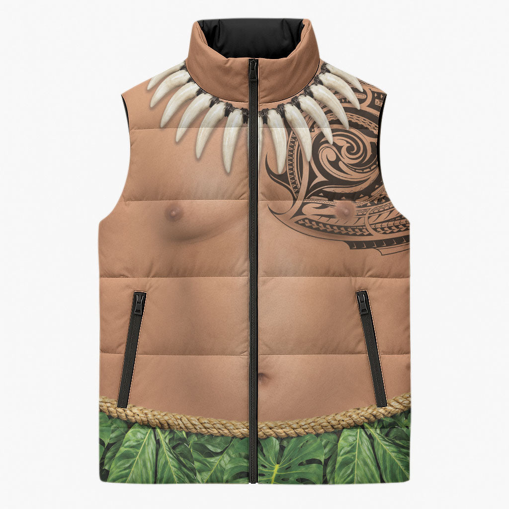 Hawaii Tribal Tattoo Costume Sleeveless Puffer Jacket Shark Tooth Necklace Leaf Skirt