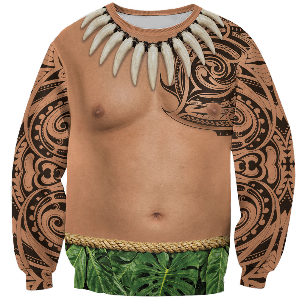 Hawaii Tribal Tattoo Costume Sweatshirt Shark Tooth Necklace Leaf Skirt LT05 Unisex Beige - Polynesian Pride