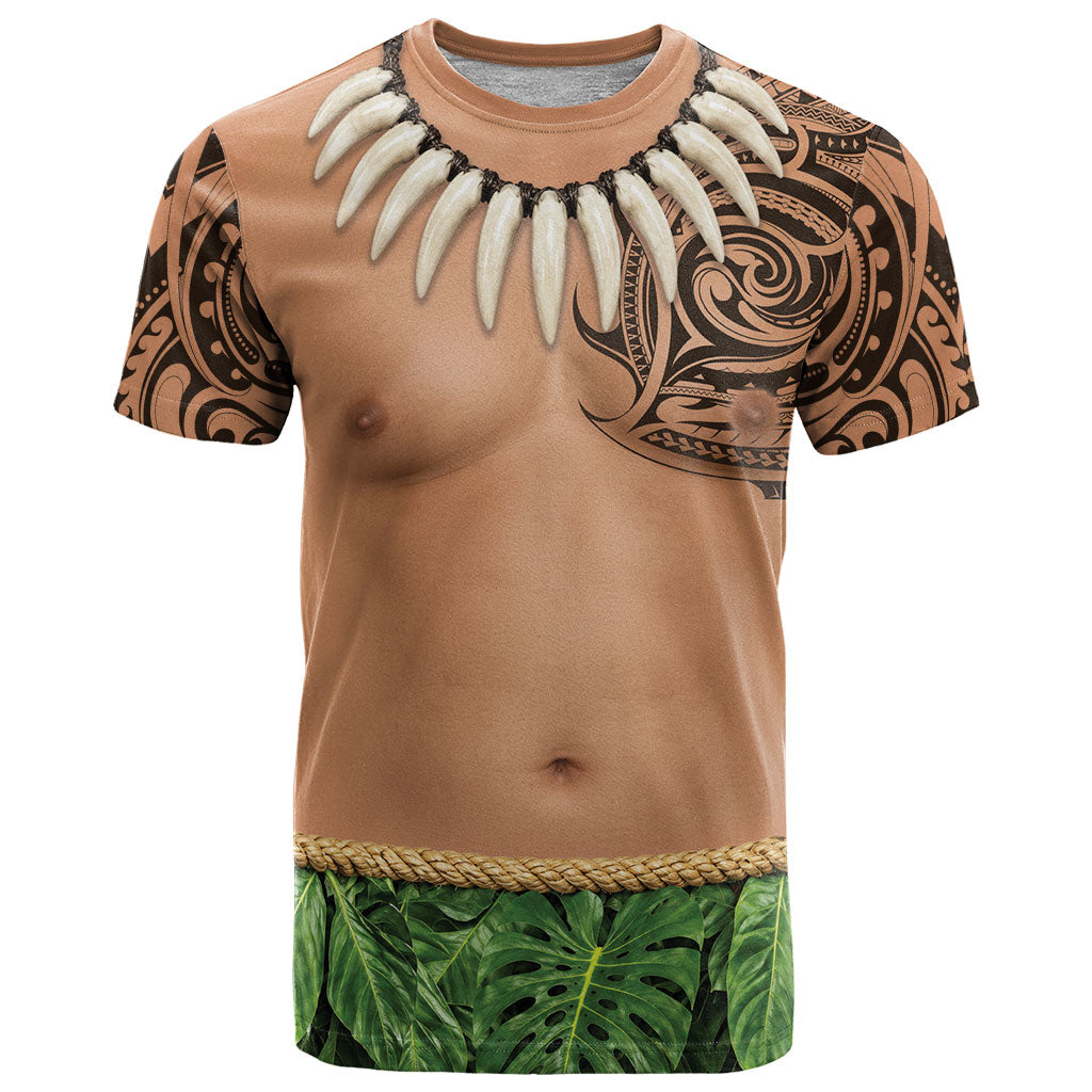 Hawaii Tribal Tattoo Costume T Shirt Shark Tooth Necklace Leaf Skirt