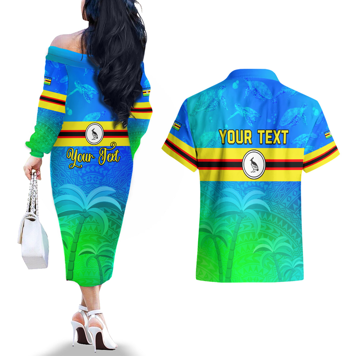 Personalised Solomon Islands Choiseul Province Day Couples Matching Off The Shoulder Long Sleeve Dress and Hawaiian Shirt Sea Turtle Tribal Pattern LT05 - Polynesian Pride