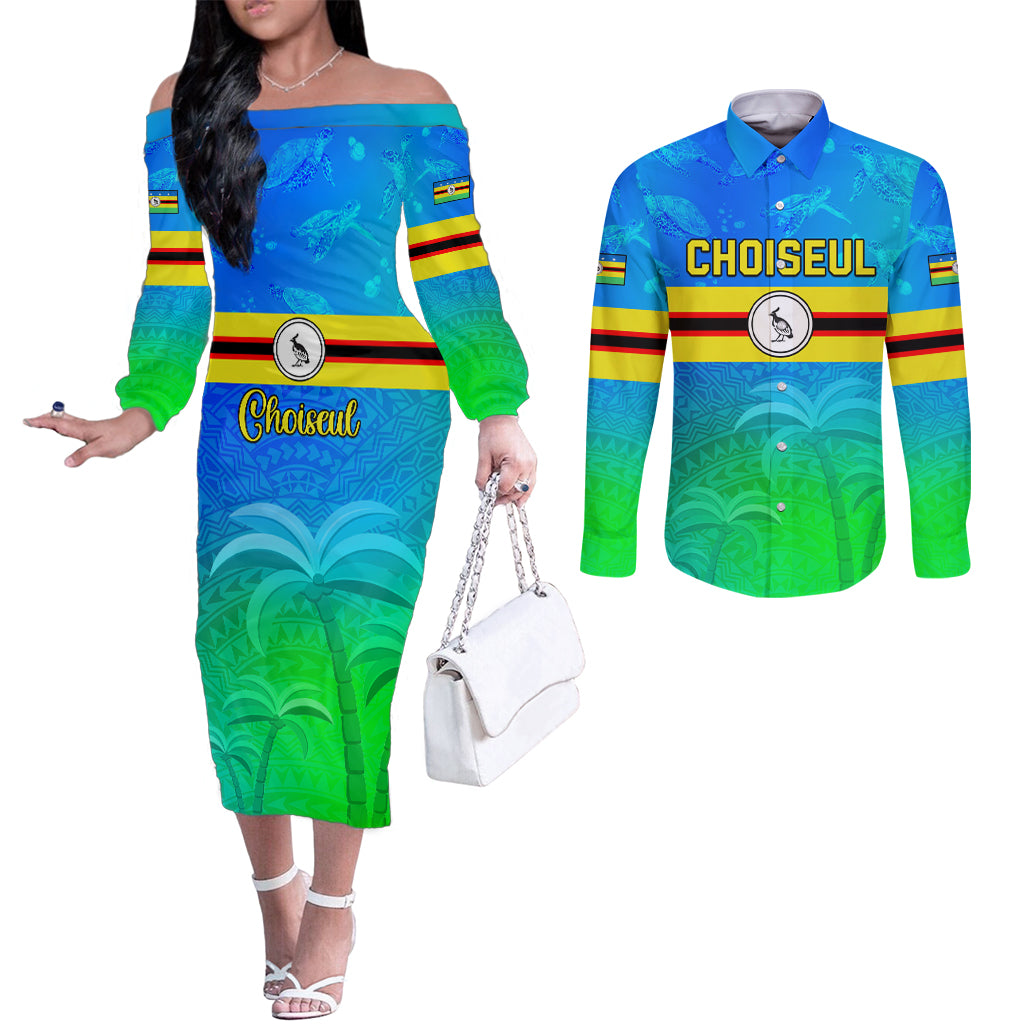 Personalised Solomon Islands Choiseul Province Day Couples Matching Off The Shoulder Long Sleeve Dress and Long Sleeve Button Shirt Sea Turtle Tribal Pattern LT05 Blue - Polynesian Pride