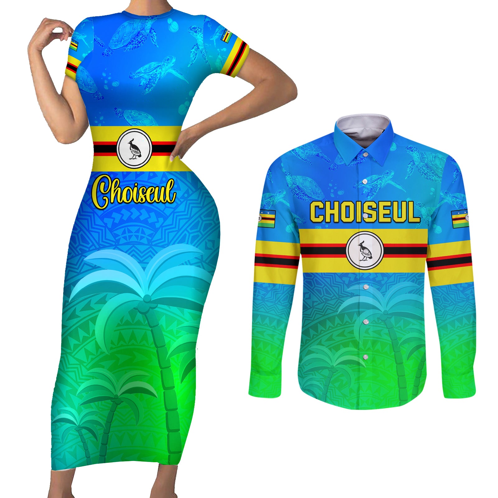 Personalised Solomon Islands Choiseul Province Day Couples Matching Short Sleeve Bodycon Dress and Long Sleeve Button Shirt Sea Turtle Tribal Pattern LT05 Blue - Polynesian Pride