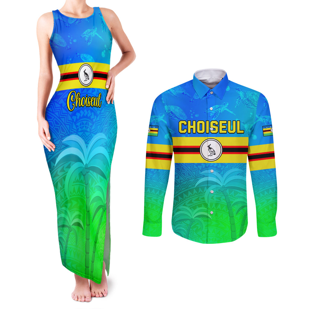 Personalised Solomon Islands Choiseul Province Day Couples Matching Tank Maxi Dress and Long Sleeve Button Shirt Sea Turtle Tribal Pattern LT05 Blue - Polynesian Pride