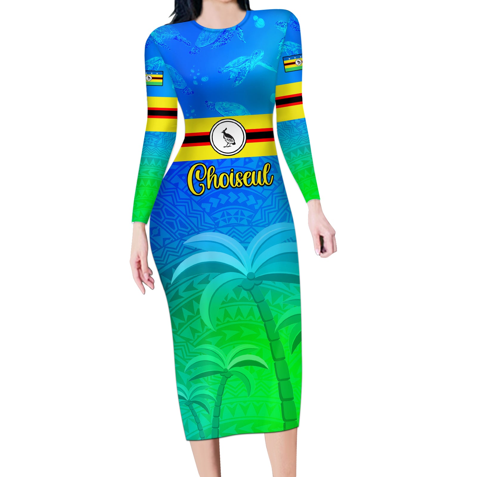 Personalised Solomon Islands Choiseul Province Day Long Sleeve Bodycon Dress Sea Turtle Tribal Pattern LT05 Long Dress Blue - Polynesian Pride