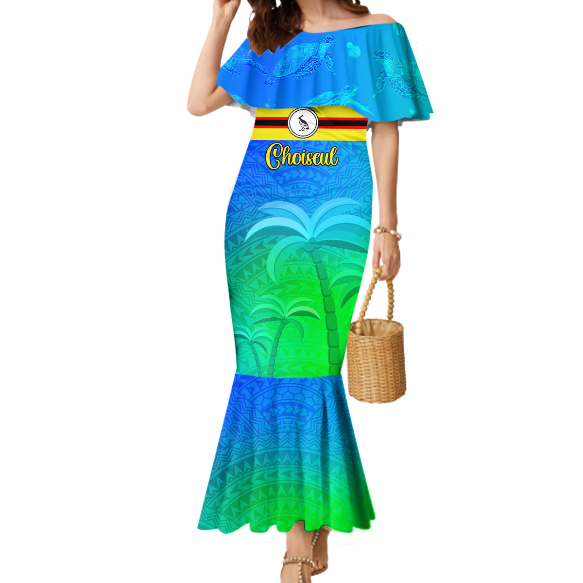 Personalised Solomon Islands Choiseul Province Day Mermaid Dress Sea Turtle Tribal Pattern LT05 Women Blue - Polynesian Pride