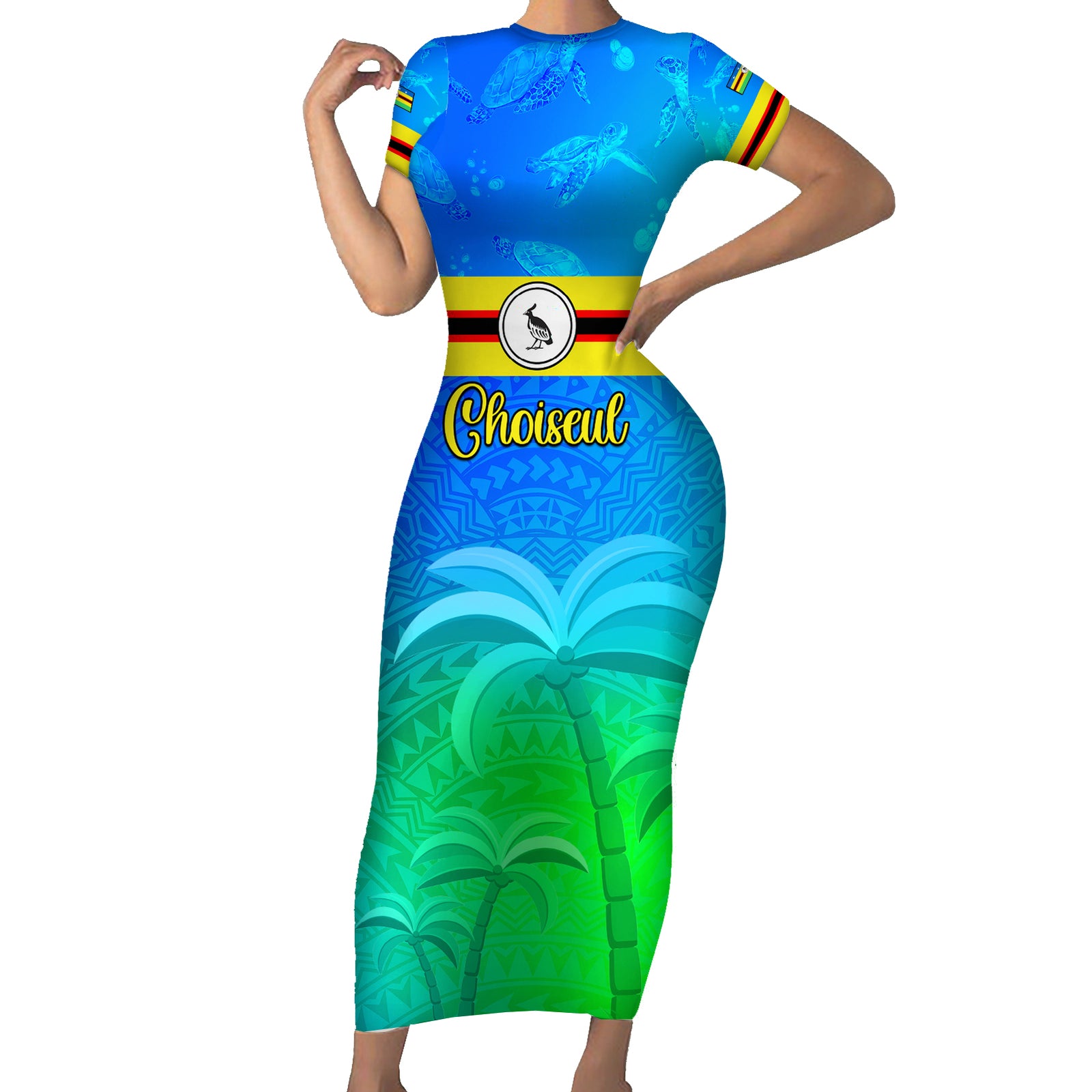 Personalised Solomon Islands Choiseul Province Day Short Sleeve Bodycon Dress Sea Turtle Tribal Pattern LT05 Long Dress Blue - Polynesian Pride
