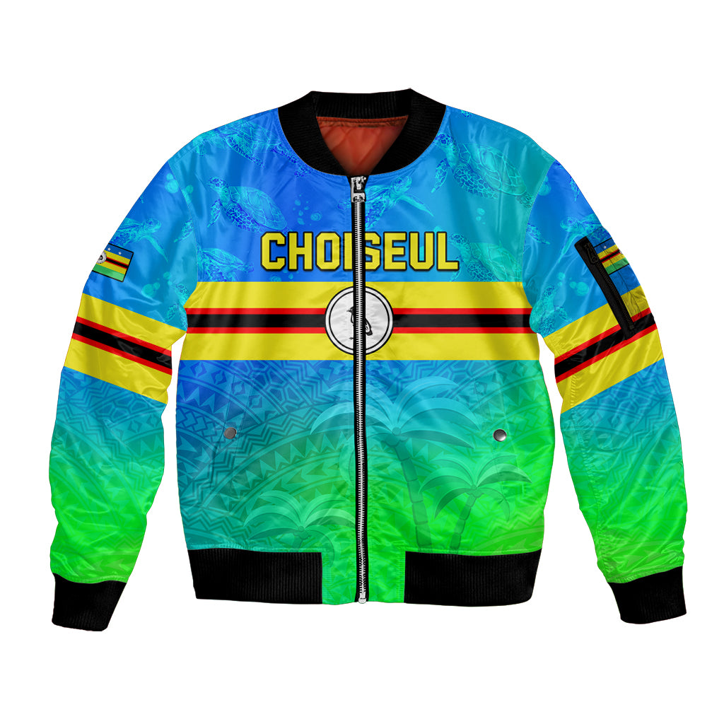 Personalised Solomon Islands Choiseul Province Day Sleeve Zip Bomber Jacket Sea Turtle Tribal Pattern LT05 Unisex Blue - Polynesian Pride