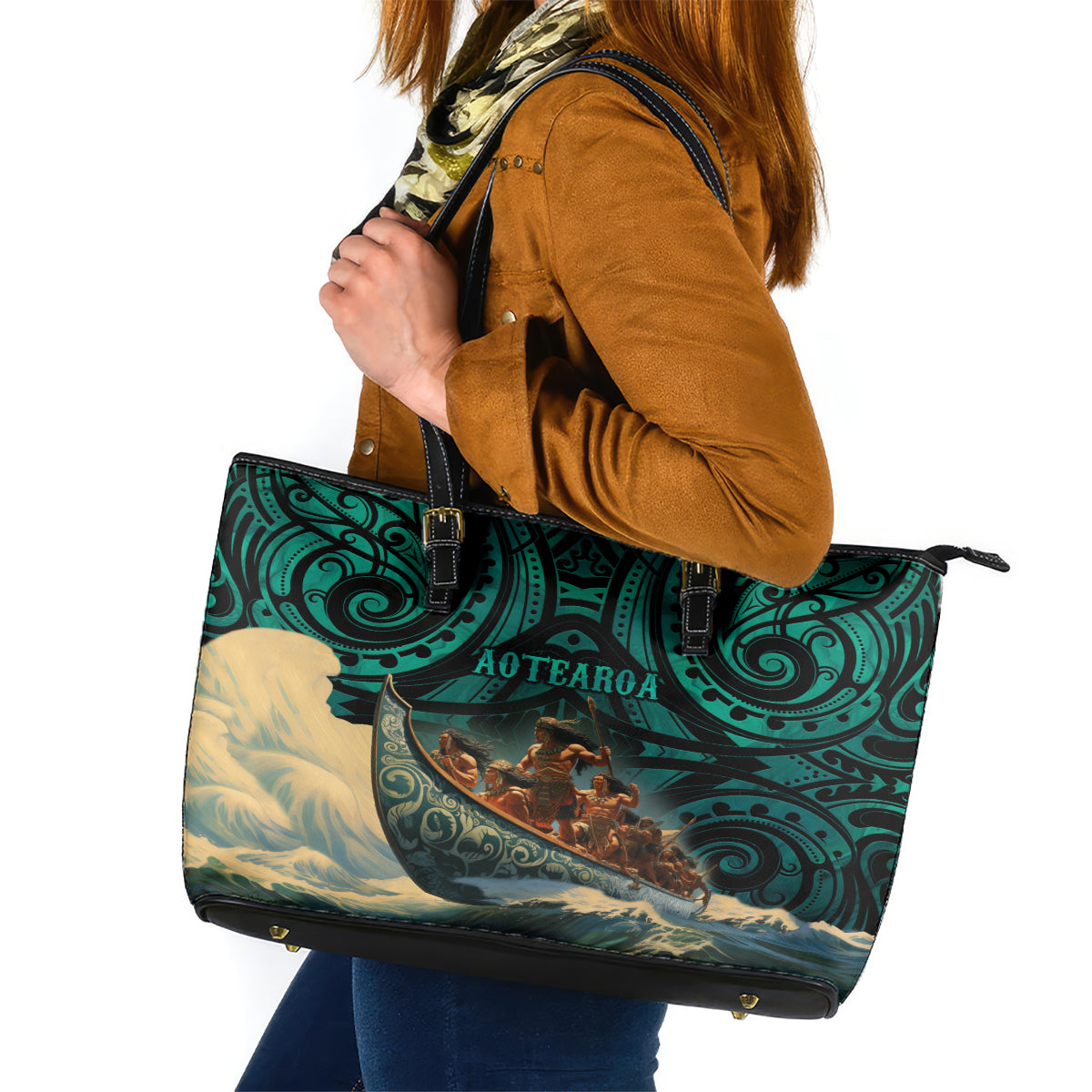 New Zealand Tamaki Herenga Waka Festival Leather Tote Bag Maori Pattern LT05 Dark Turquoise - Polynesian Pride