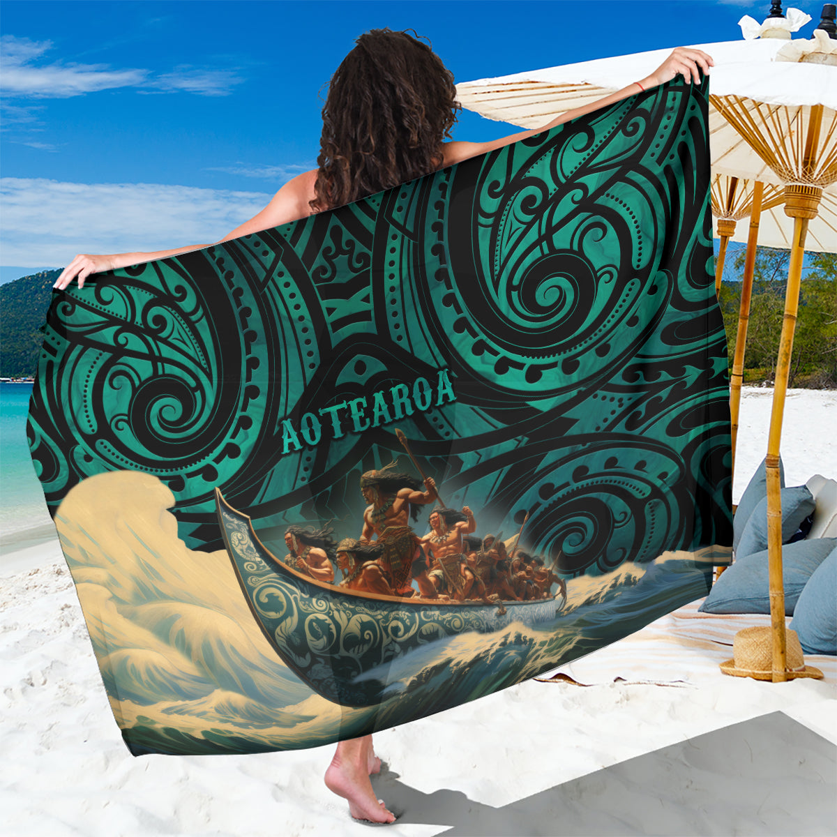 New Zealand Tamaki Herenga Waka Festival Sarong Maori Pattern LT05 One Size 44 x 66 inches Dark Turquoise - Polynesian Pride