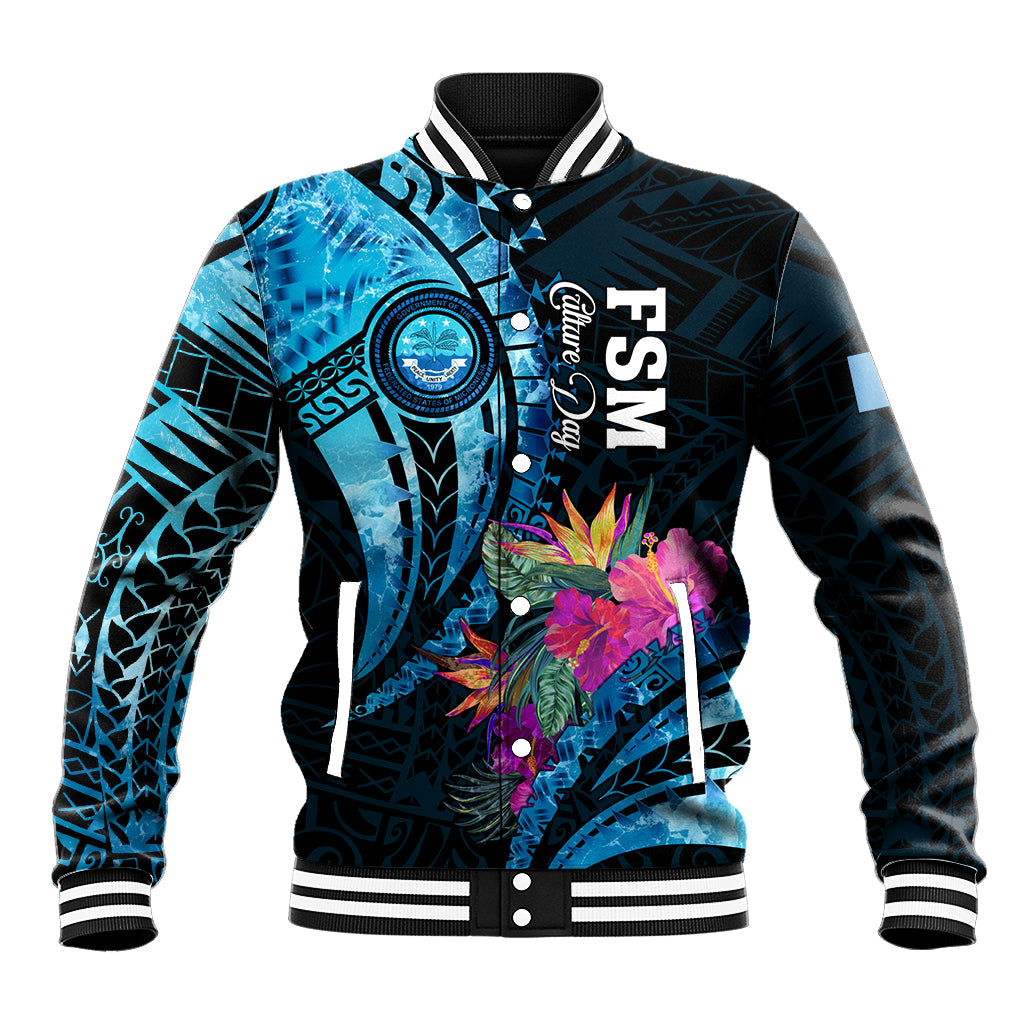 Personalised FSM Culture Day Baseball Jacket Tropical Flowers Tribal Pattern LT05 Unisex Blue - Polynesian Pride
