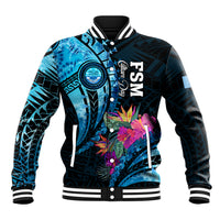 Personalised FSM Culture Day Baseball Jacket Tropical Flowers Tribal Pattern LT05 Unisex Blue - Polynesian Pride