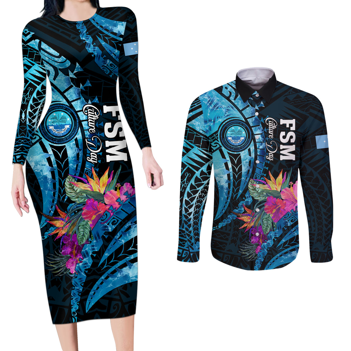 Personalised FSM Culture Day Couples Matching Long Sleeve Bodycon Dress and Long Sleeve Button Shirt Tropical Flowers Tribal Pattern LT05 Blue - Polynesian Pride