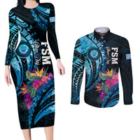 Personalised FSM Culture Day Couples Matching Long Sleeve Bodycon Dress and Long Sleeve Button Shirt Tropical Flowers Tribal Pattern LT05 Blue - Polynesian Pride