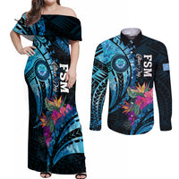 Personalised FSM Culture Day Couples Matching Off Shoulder Maxi Dress and Long Sleeve Button Shirt Tropical Flowers Tribal Pattern LT05 Blue - Polynesian Pride