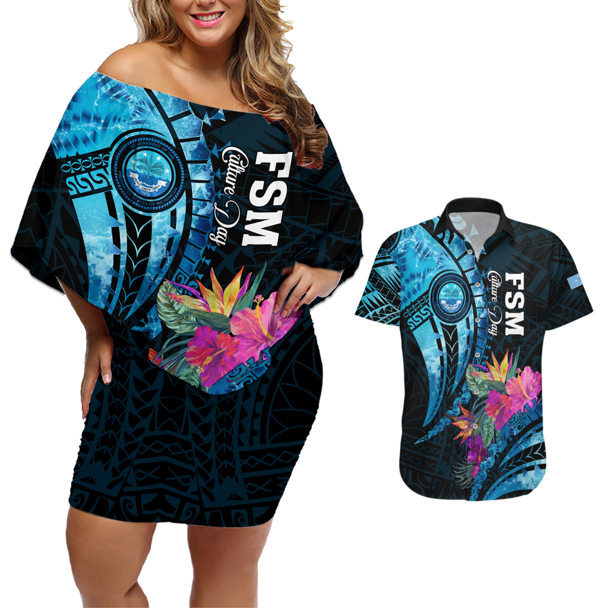 Personalised FSM Culture Day Couples Matching Off Shoulder Short Dress and Hawaiian Shirt Tropical Flowers Tribal Pattern LT05 Blue - Polynesian Pride