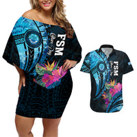 Personalised FSM Culture Day Couples Matching Off Shoulder Short Dress and Hawaiian Shirt Tropical Flowers Tribal Pattern LT05 Blue - Polynesian Pride