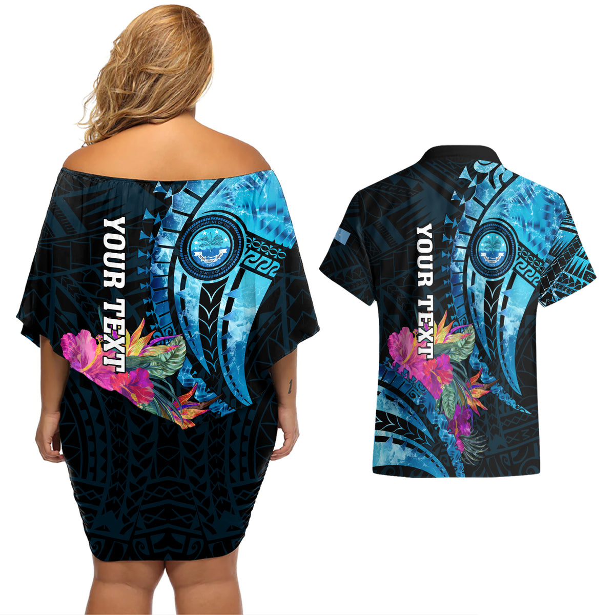 Personalised FSM Culture Day Couples Matching Off Shoulder Short Dress and Hawaiian Shirt Tropical Flowers Tribal Pattern LT05 - Polynesian Pride