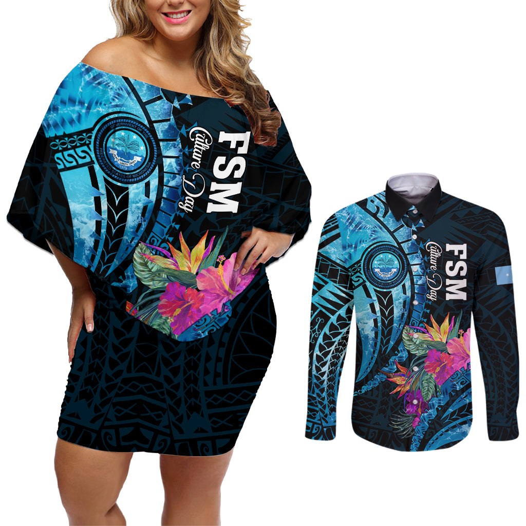 Personalised FSM Culture Day Couples Matching Off Shoulder Short Dress and Long Sleeve Button Shirt Tropical Flowers Tribal Pattern LT05 Blue - Polynesian Pride