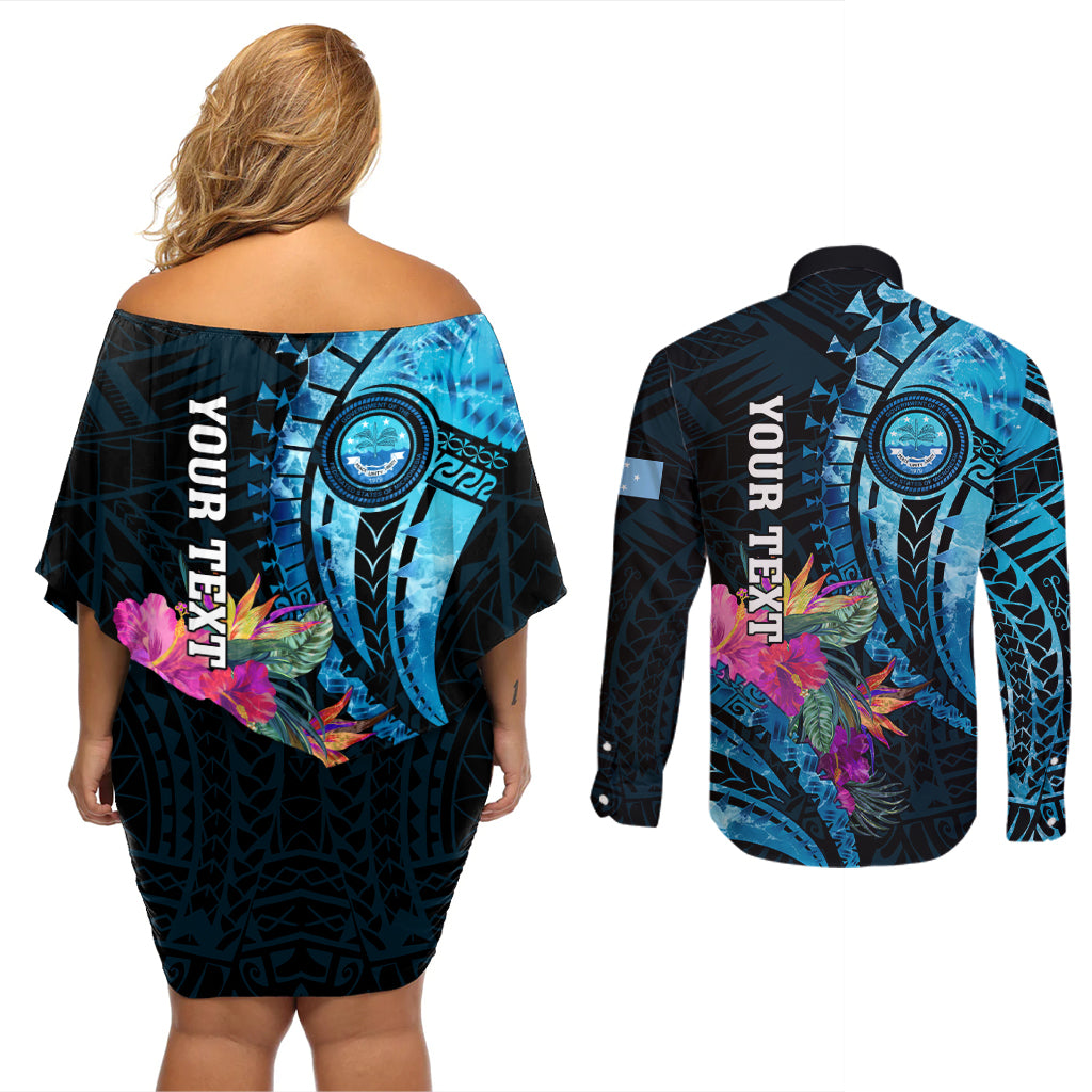 Personalised FSM Culture Day Couples Matching Off Shoulder Short Dress and Long Sleeve Button Shirt Tropical Flowers Tribal Pattern LT05 - Polynesian Pride