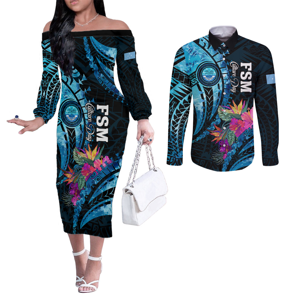 Personalised FSM Culture Day Couples Matching Off The Shoulder Long Sleeve Dress and Long Sleeve Button Shirt Tropical Flowers Tribal Pattern LT05 Blue - Polynesian Pride