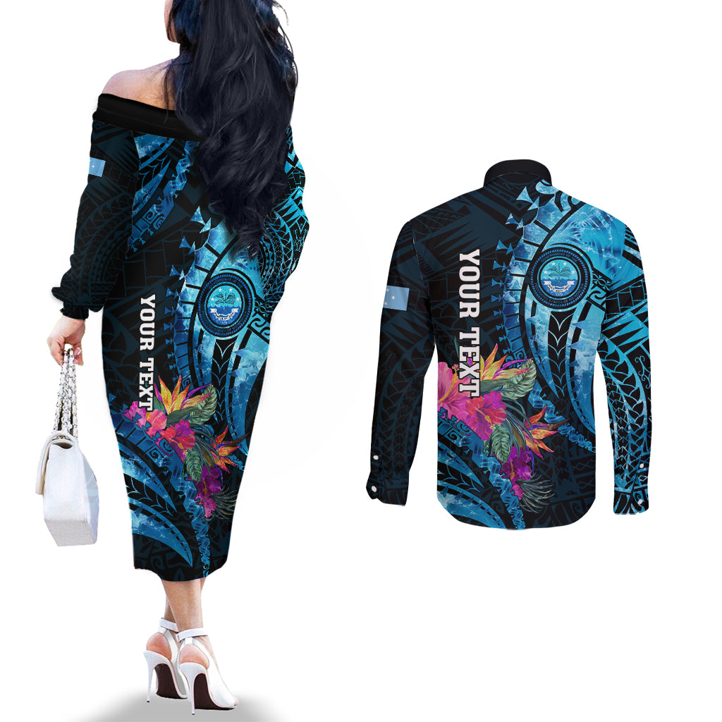 Personalised FSM Culture Day Couples Matching Off The Shoulder Long Sleeve Dress and Long Sleeve Button Shirt Tropical Flowers Tribal Pattern LT05 - Polynesian Pride