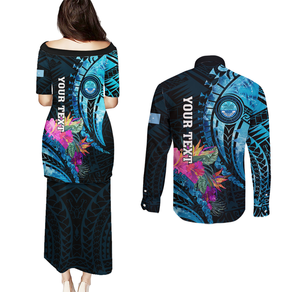Personalised FSM Culture Day Couples Matching Puletasi and Long Sleeve Button Shirt Tropical Flowers Tribal Pattern LT05 - Polynesian Pride