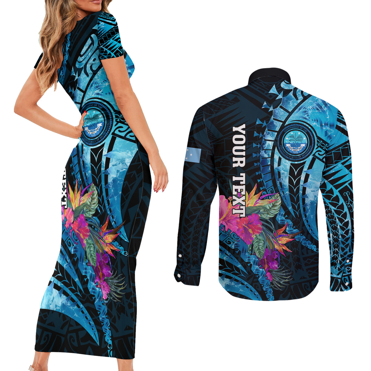 Personalised FSM Culture Day Couples Matching Short Sleeve Bodycon Dress and Long Sleeve Button Shirt Tropical Flowers Tribal Pattern LT05 - Polynesian Pride