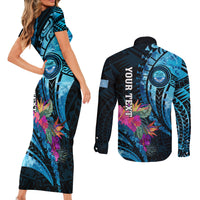 Personalised FSM Culture Day Couples Matching Short Sleeve Bodycon Dress and Long Sleeve Button Shirt Tropical Flowers Tribal Pattern LT05 - Polynesian Pride
