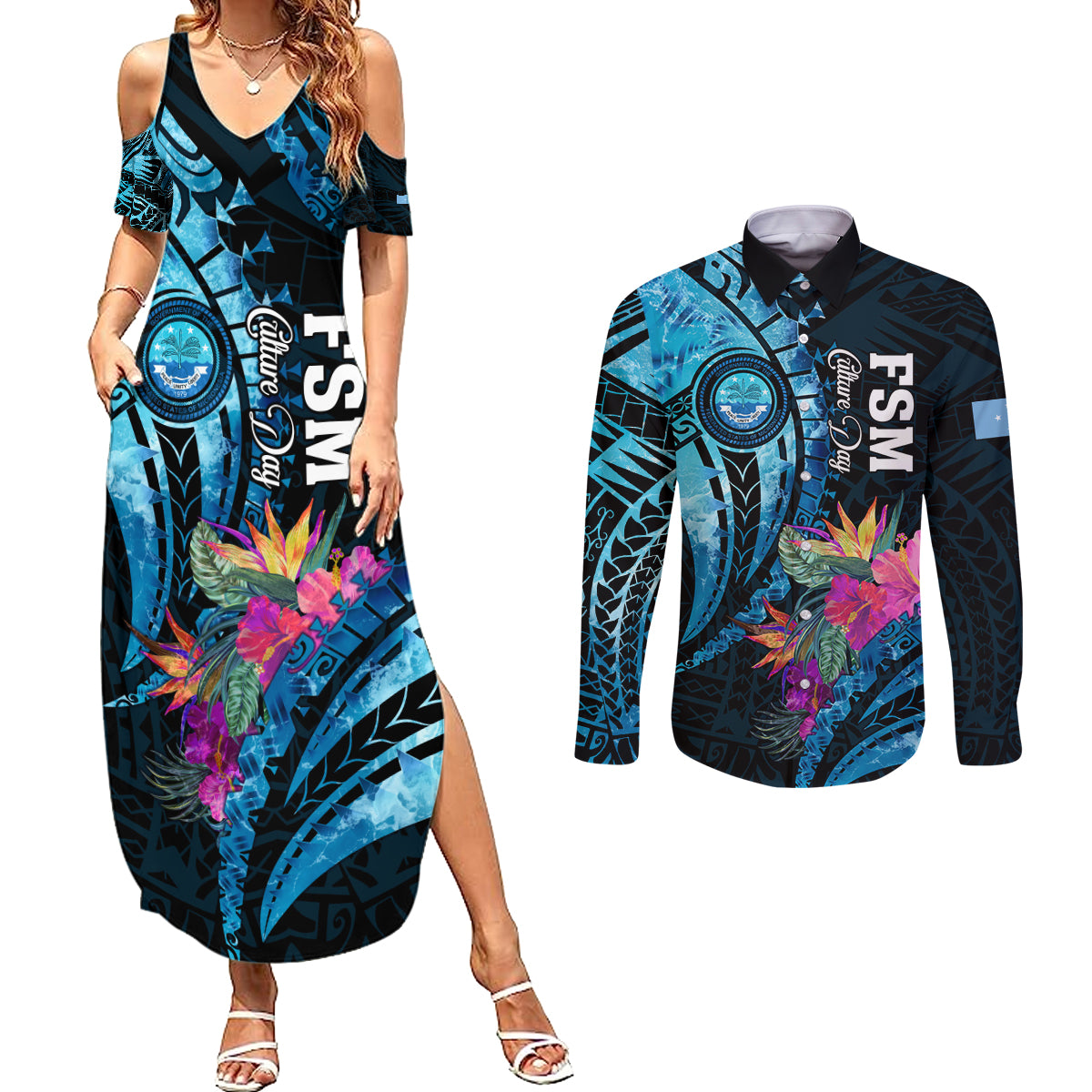 Personalised FSM Culture Day Couples Matching Summer Maxi Dress and Long Sleeve Button Shirt Tropical Flowers Tribal Pattern LT05 Blue - Polynesian Pride